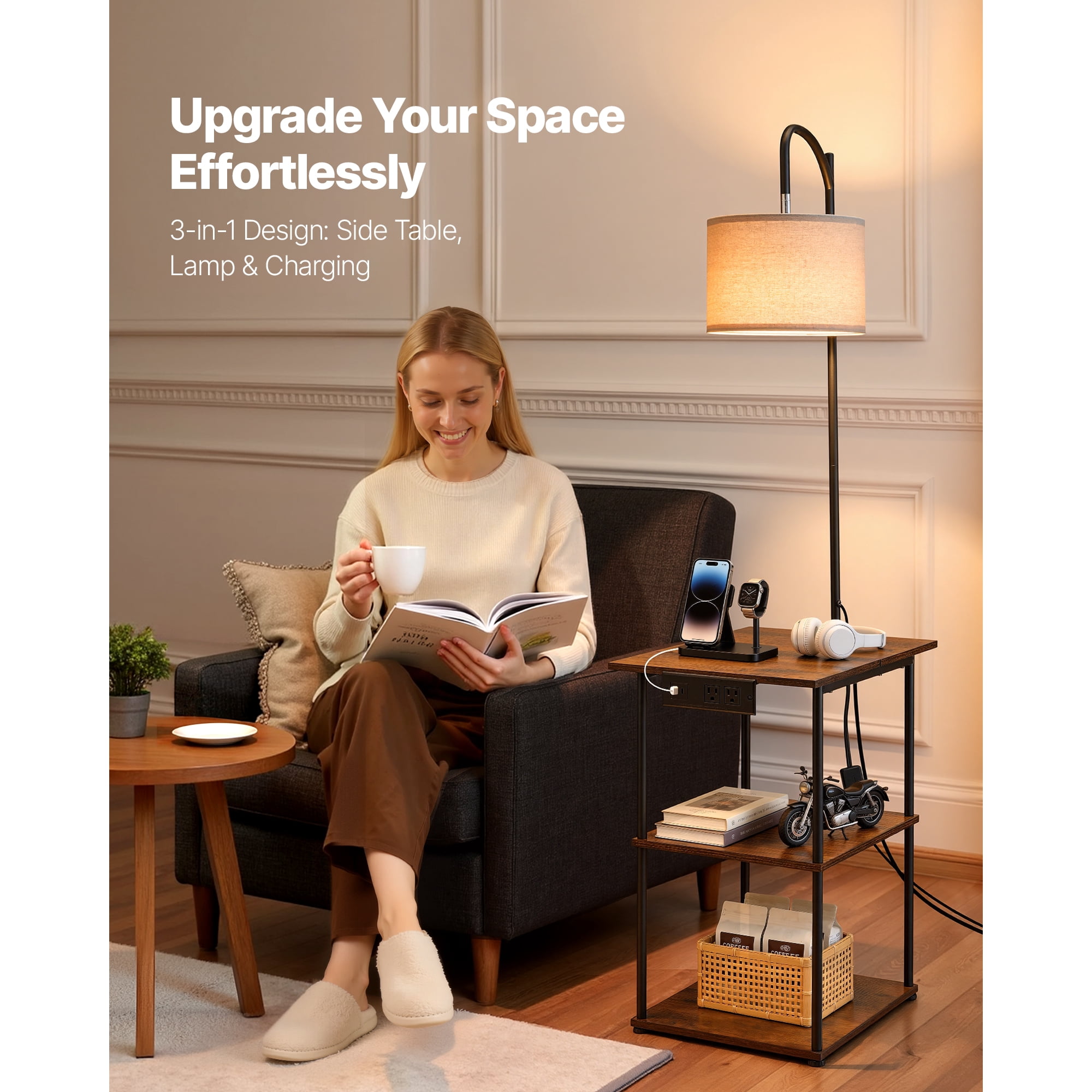 Floor Lamp with Table, Narrow 3-Tier End Table with Open Shelves & 3 Color Temperature Lighting, Side Nightstand Bedside Desk with USB & Type C & AC Charging Port for Living Room, Bedroom, Dorm