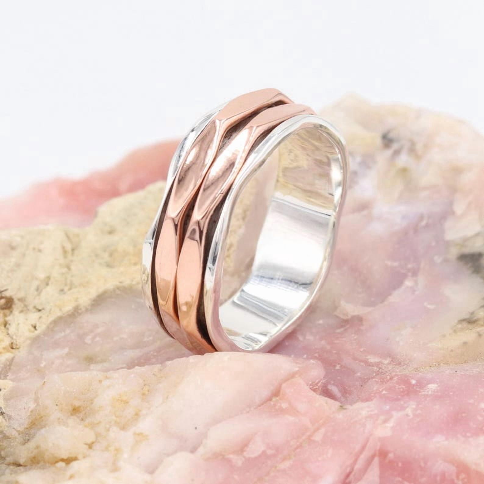Earth Gems Jewelry Fidget Spinner Ring Sterling Silver Women’s Two-Tone Wave Band Ring