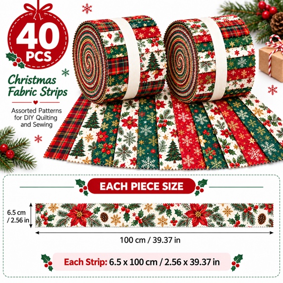 Christmas Precut Fabric Strips, 40pc Tree Snowflake Holly Plaid Fabric for DIY Quilting and Sewing, 2.56 x 44.09 in Craft Kit