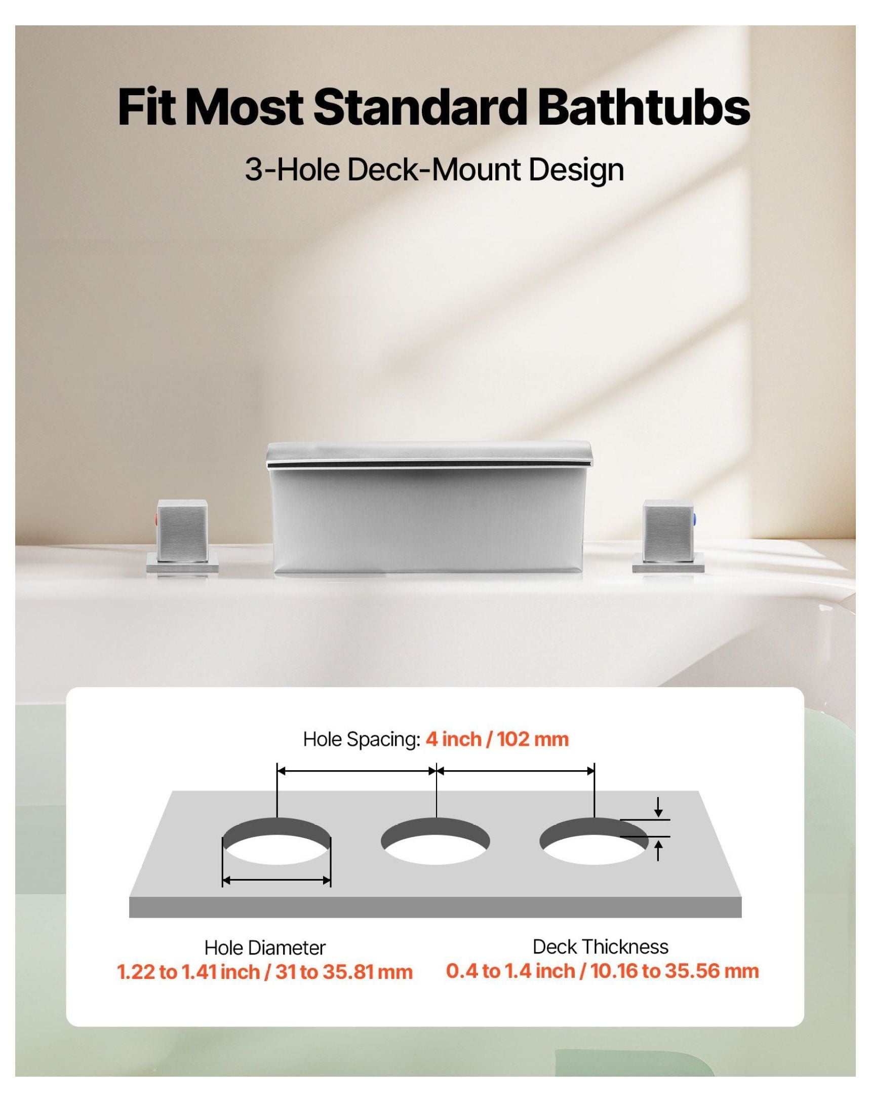 Roman Tub Faucet 3 Hole Waterfall, Bathtub Faucets Set with Handles, Deck Mount Tub Spout, Silver Finish, High Flow Rate, Temperature Control for Adult Bath