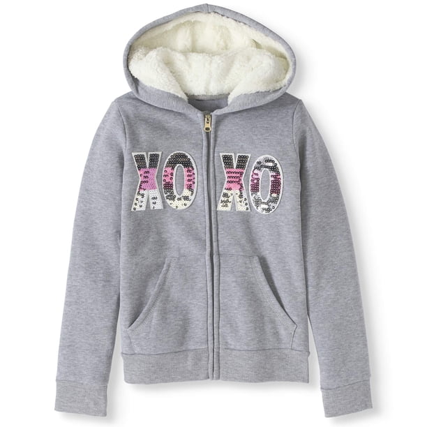 Girls Sherpa Lined Hoodie with Fleece and MultiColor Sequin Logo