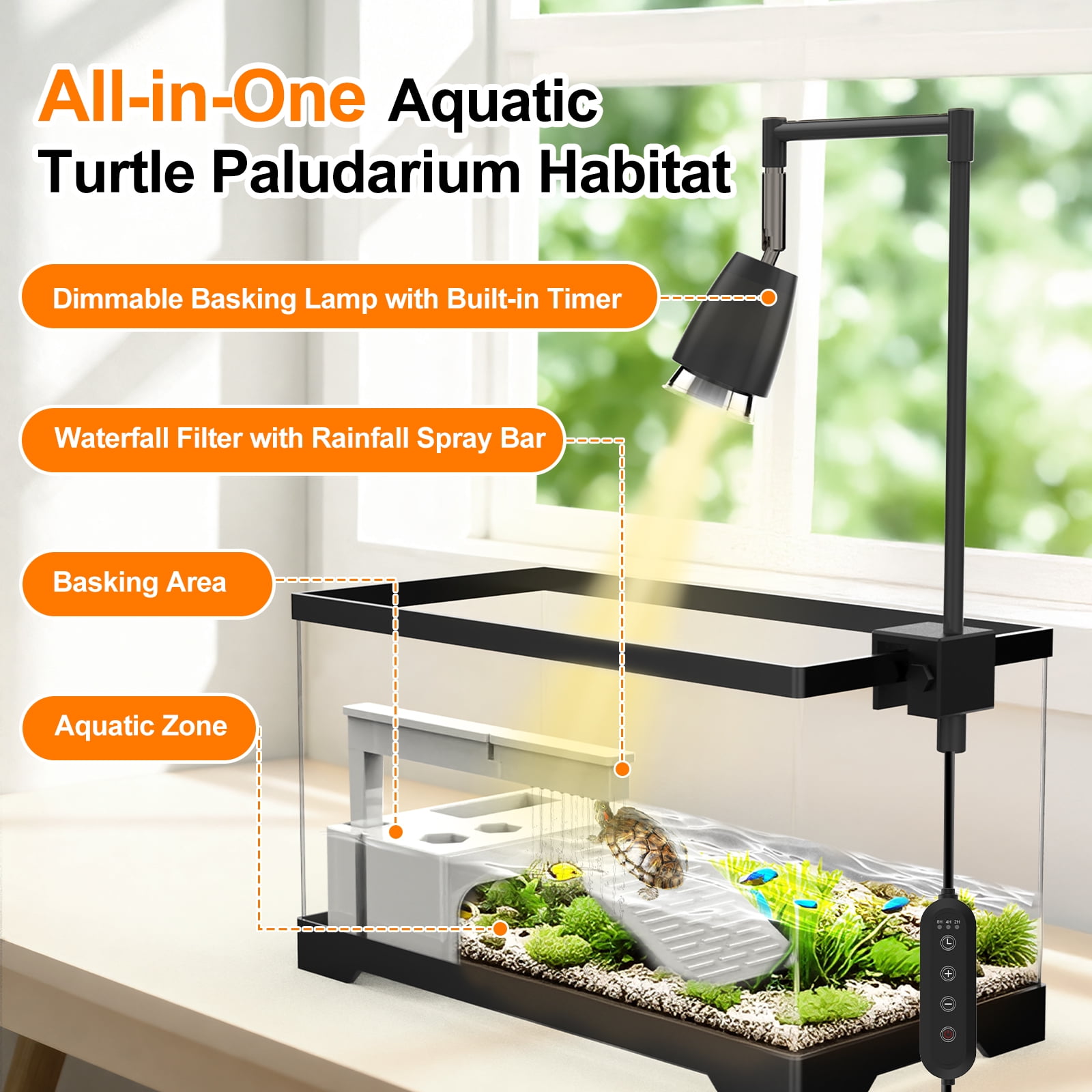 4.8 Gallon Turtle Tank Kit, All-in-One with Basking Platform, Heat Lamp & Rain Filter - 15.74 Inch Reptile Habitat for Small Turtles, Hatchlings, Aquatic Pets