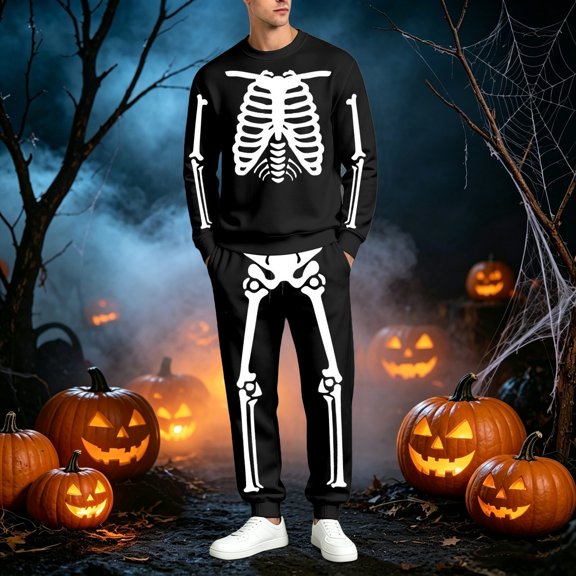 Men's 2 Pieces Tracksuit Set Novelty Skeleton Print Sweatshirts Matching Jogger Pants Outfits (Black L)