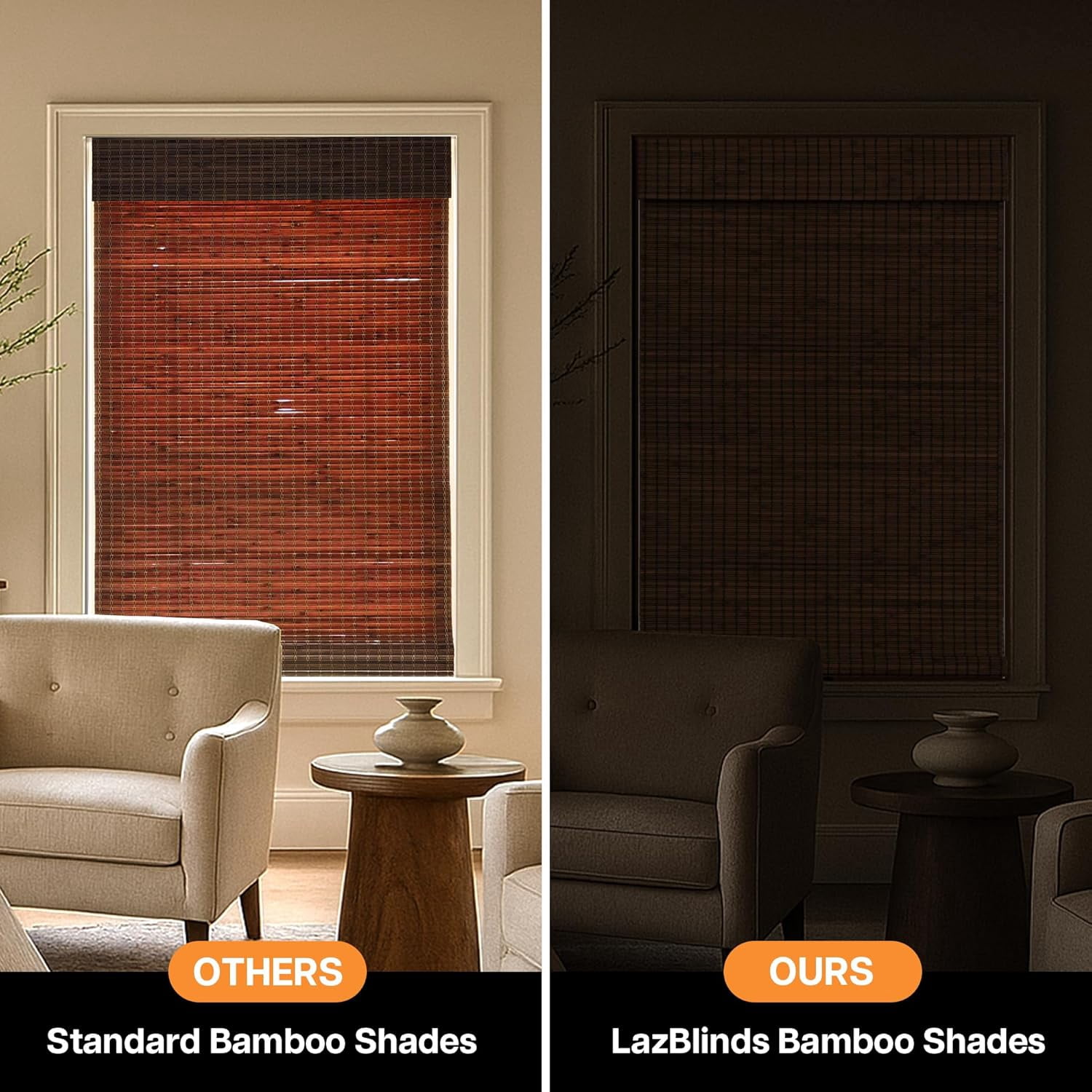 LazBlinds Cordless Blackout Bamboo Roman Shades, Room Darkening Blinds for Interior Windows, Thermal Insulated Roll Up Bamboo Blinds for Home & Patio, 20" W x 64" H, Penang Teak