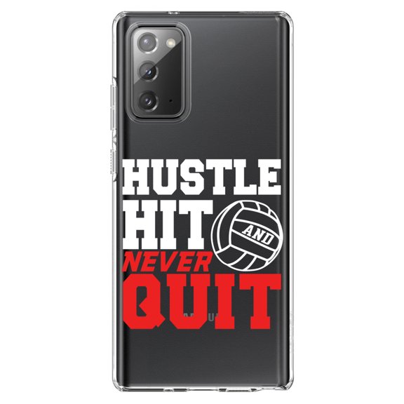 DistinctInk Clear Shockproof Hybrid Case for Samsung Galaxy Note 20 (6.7" Screen) - TPU Bumper Acrylic Back Tempered Glass Screen Protector - Hustle Hit Never Quit Volleyball