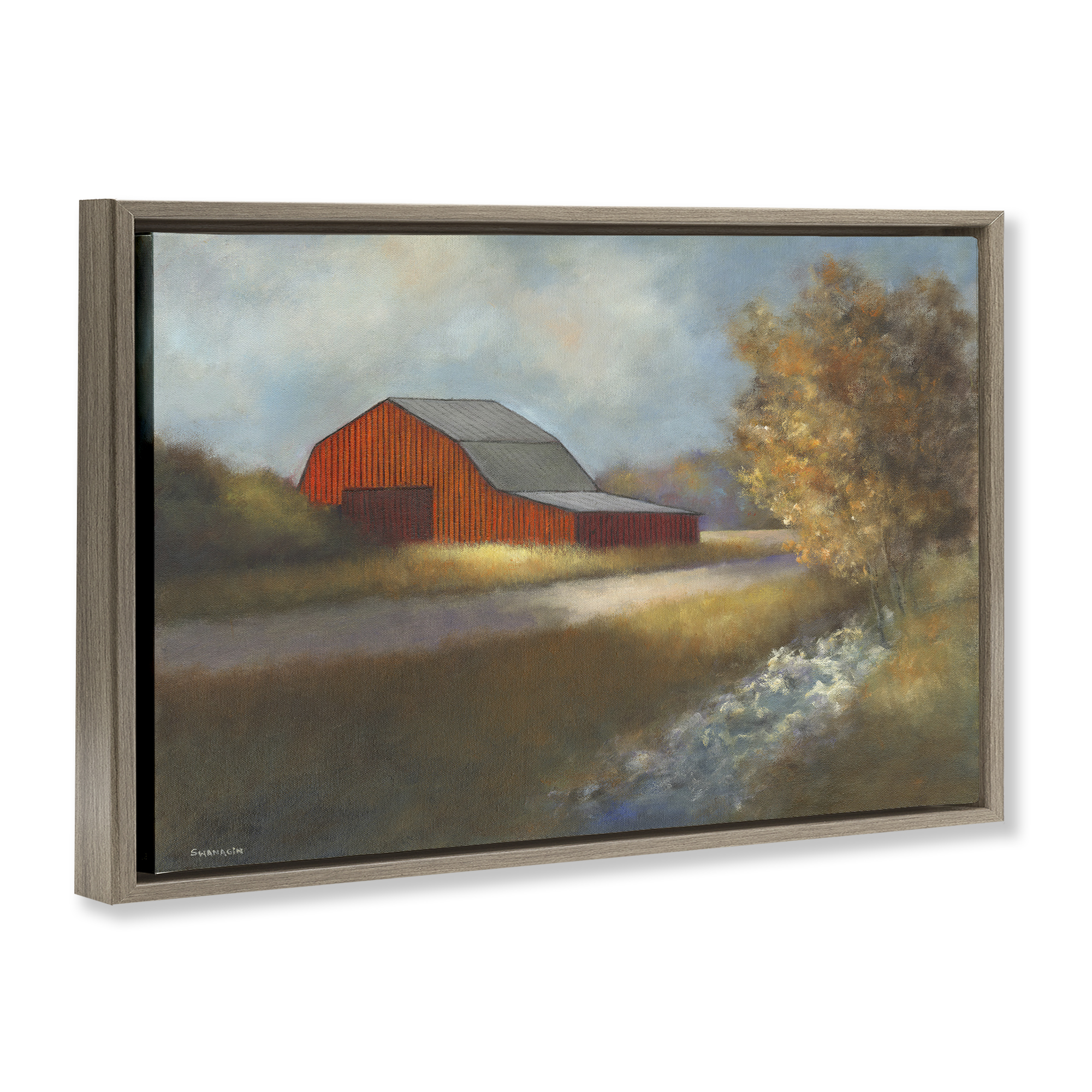 Stupell Industries Traditional Red Barn Landscape Painting Brown Floater Framed Canvas Art Print Wall Art, 31 x 21