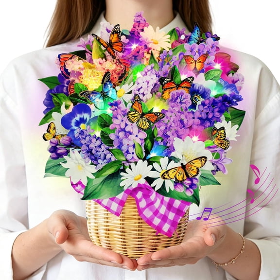 3D Garden Lilacs & Butterfly Bouquet Pop Up Birthday Card with Music & Lights, Birthday Gifts for Women, Mom, Wife, Girls – Includes Notecard and Envelope