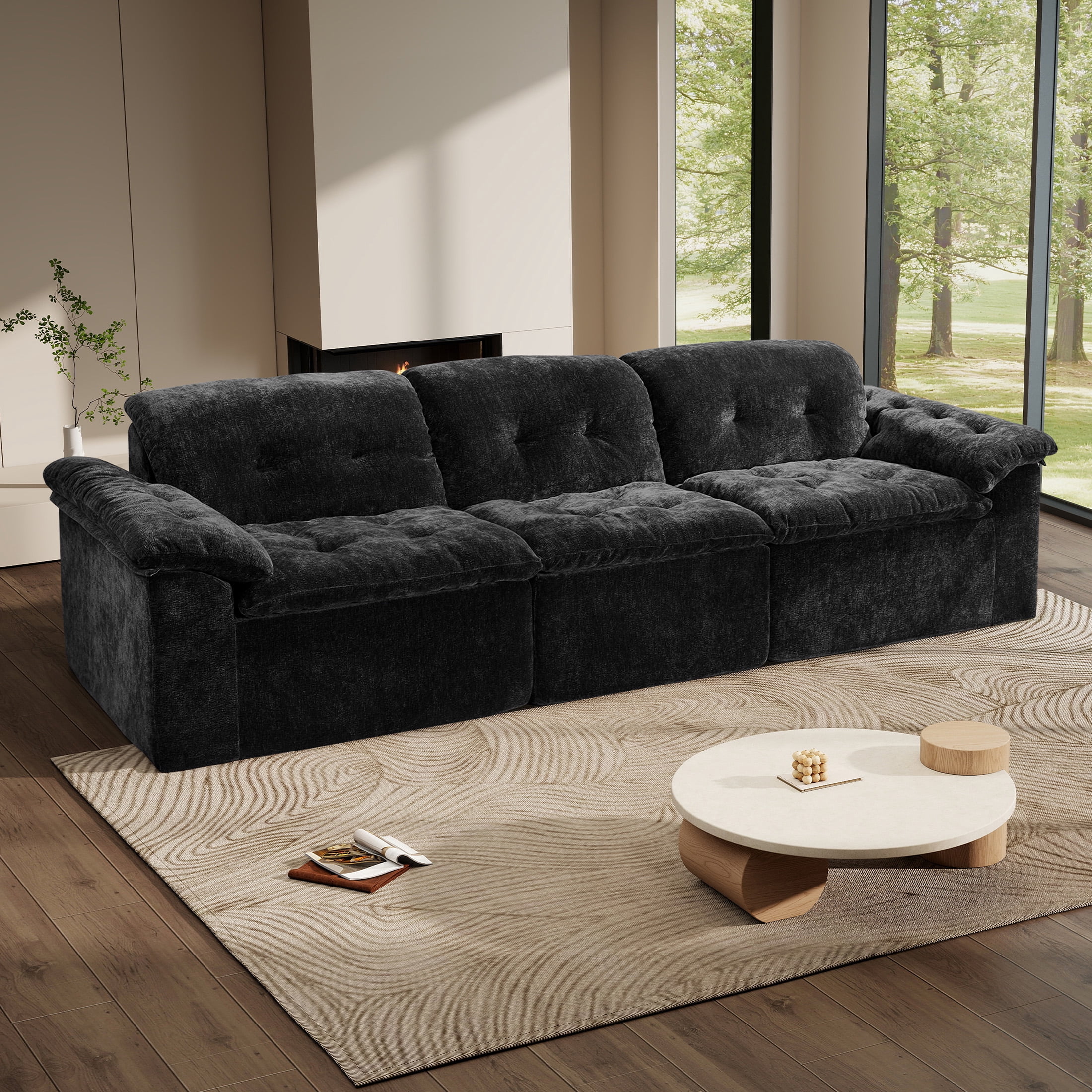 Aukfa 3-Piece Cloud Modular Sectional Sofa for Living Room, Ice Flower Chenille, Black