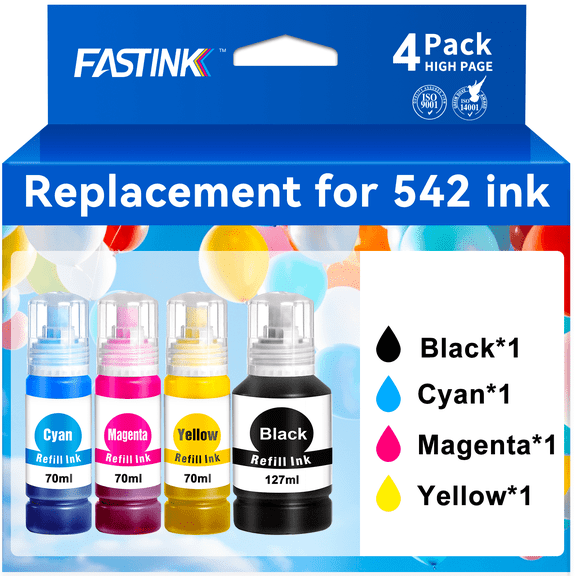 FASTINK Ink Bottle Replacement for Epson 542 Ink Refill Bottles for ET-5800 ET-5850 ET-5880 ET-16600 ET-16650 (4 Pack)