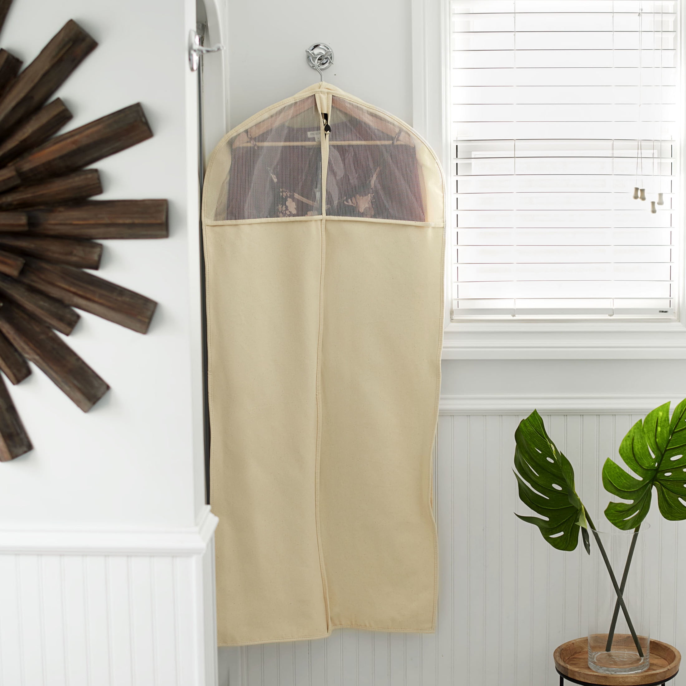Household Essentials Cedarline Hanging Garment Bag, Durable Cotton Canvas Bag with Zipper, Textured PEVA Panels, Breathable and Snag-Resistant, Perfect for Protecting Dresses, Suits and More, Natural
