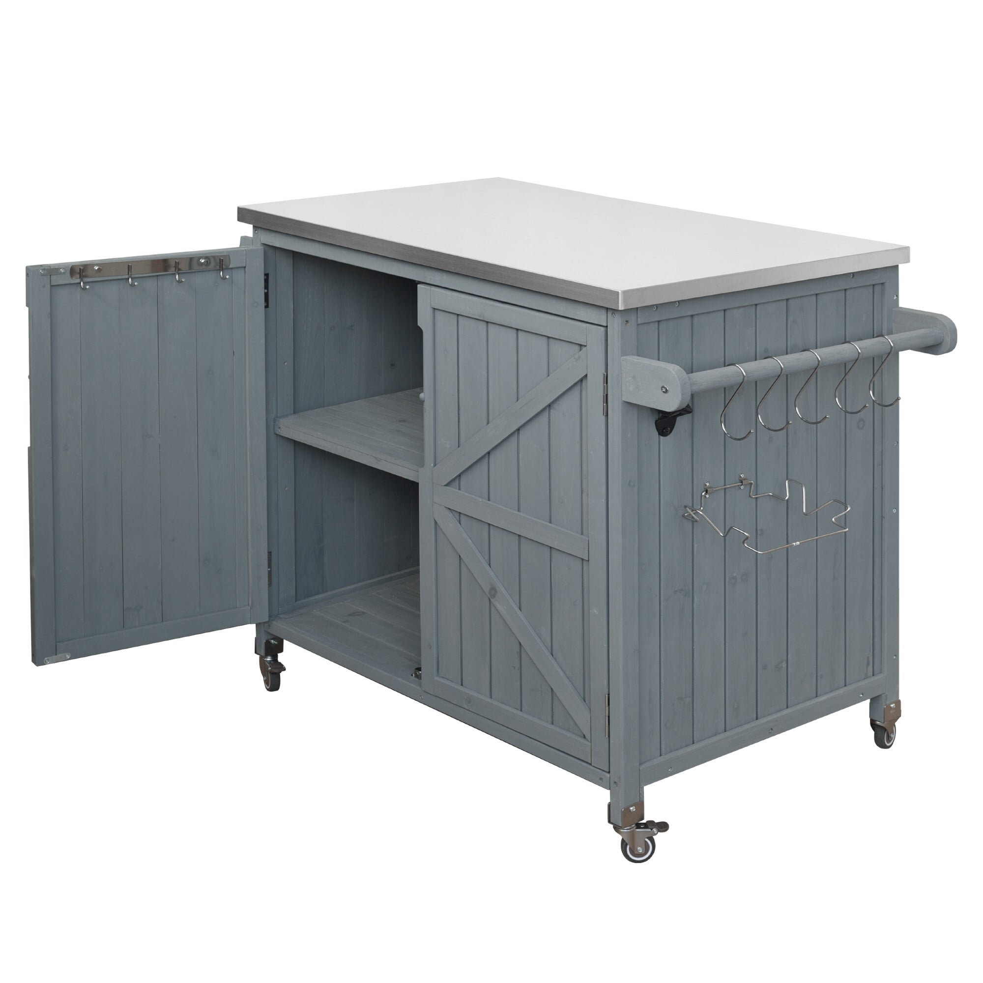 AENKYO 42" Outdoor Kitchen Island, Rolling Grill Cart with Stainless Steel Top, BBQ Prep Table with Cabinet, Blue