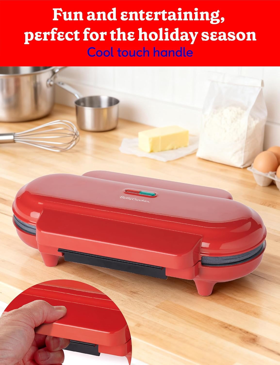 Betty Crocker Mini Waffle Maker, 550W Compact Kitchen Appliance, Quick & Even Heat for Home and Kitchen, Makes 4.5" Waffle, 4.9" Non-Stick Plates, Recipes Included, BC-4888R, Red