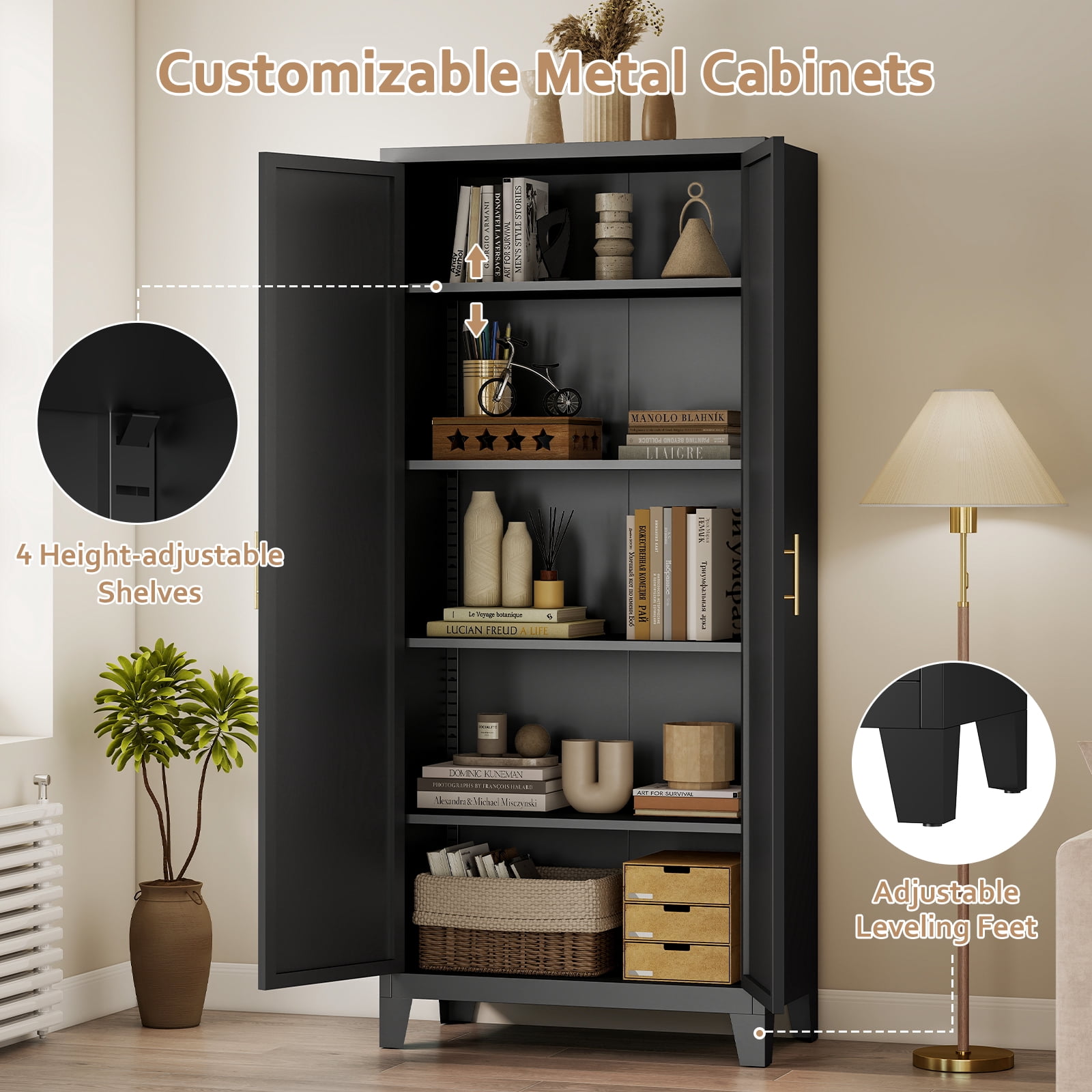 LIZEVINC 71.2in Pantry Cabinet, Metal Shapely Doors Cabinet with Doors and Adjustable Shelves, Food Pantry Cabinet for Kitchen,Dinning Room- Assembly Required(Black)