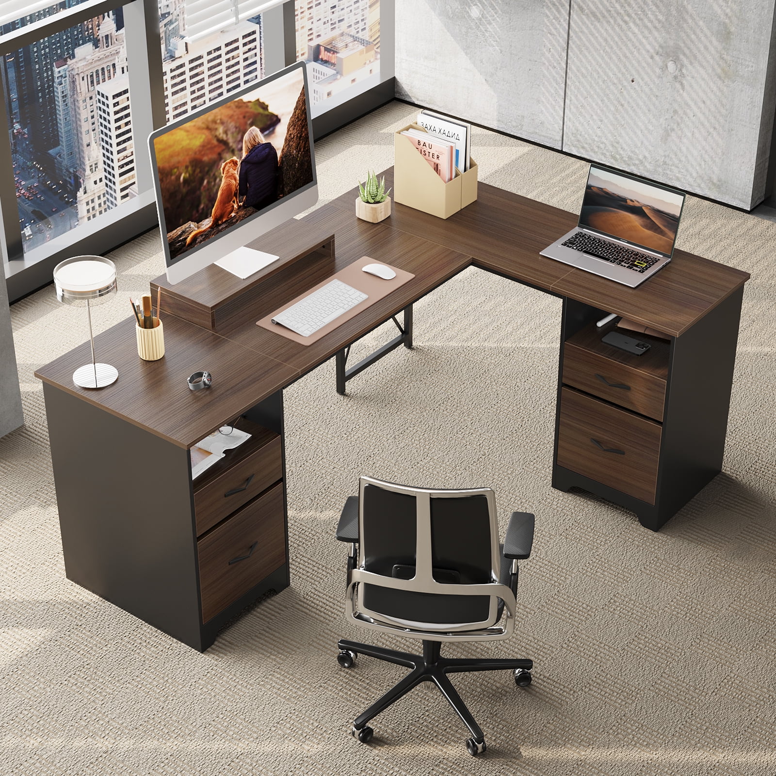 Bestier L Shaped Desk with 4 Drawers, 63" x 47" Executive Office Desk with Monitor Stand, Cherry