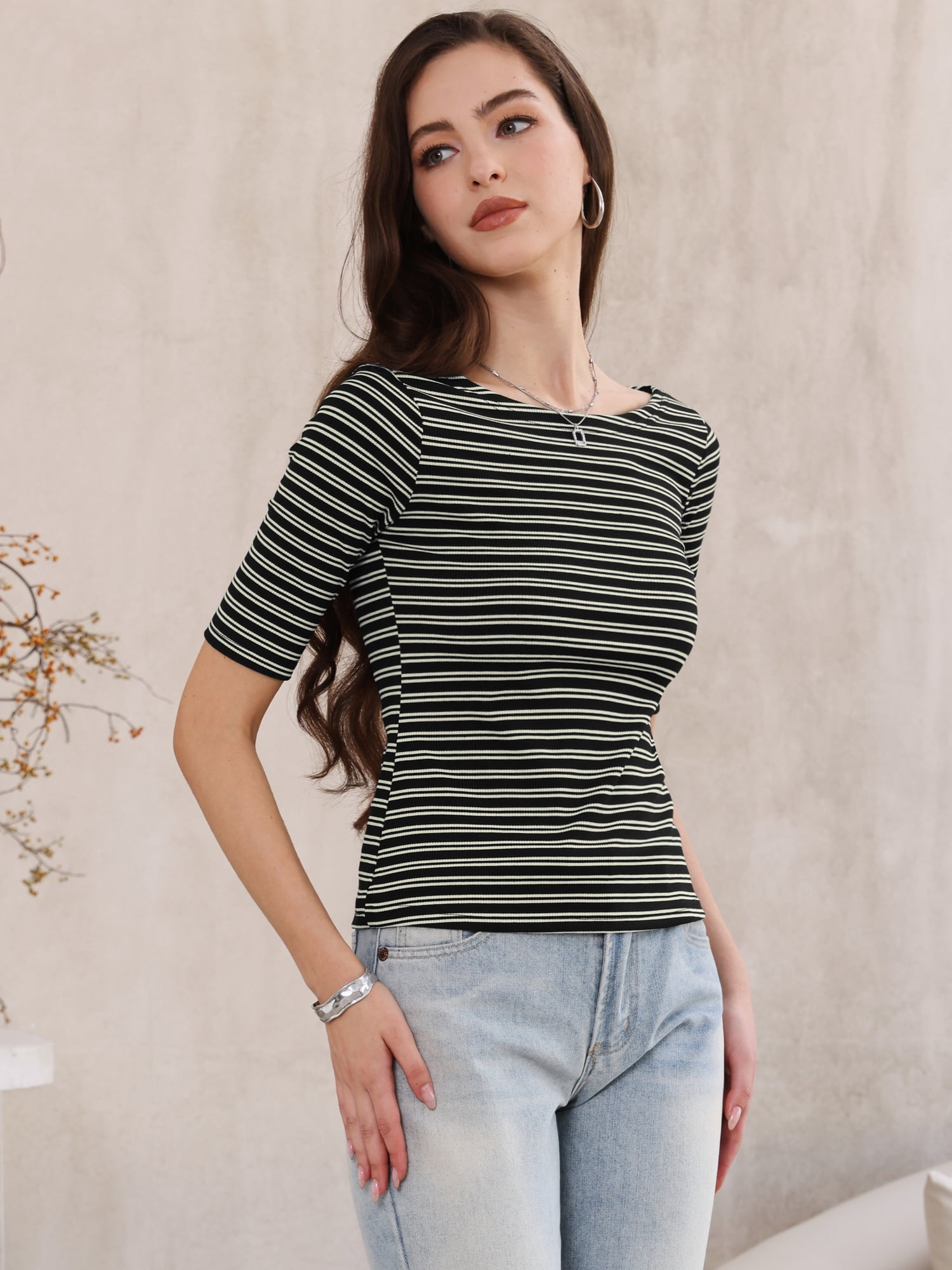DARING DIVA Women's Striped Boat Neck Half Sleeve Tops Slim Fit rendy Outfits L Black