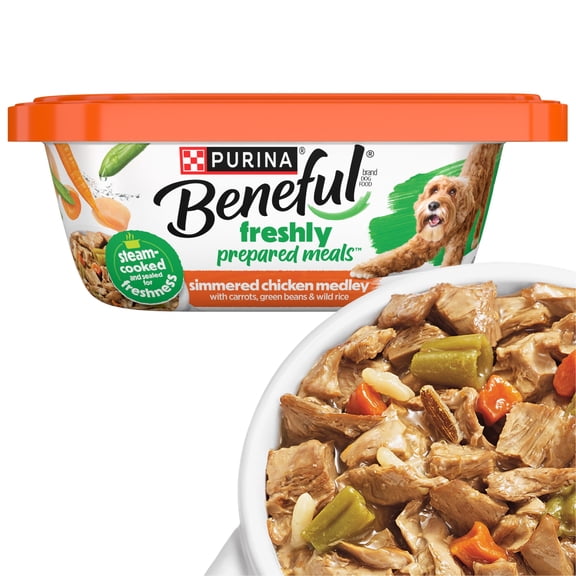 Purina Beneful Dog Food Freshly Prepared Meals Simmered Chicken Medley with Carrots Green Beans and Wild Rice, 10 oz, 8 Pack