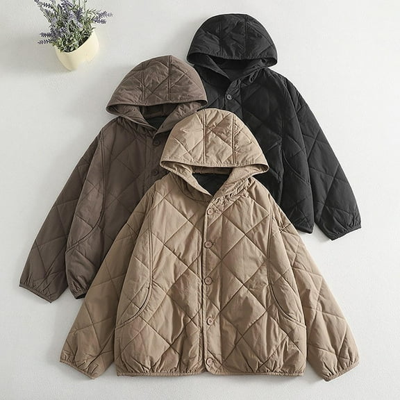 Xdegoge Lightweight Barn Jackets for Women Hooded Button Down Jacket Casual Quilted Padded Coat Fashion Fall Winter Loose Warm Coats with Pockets