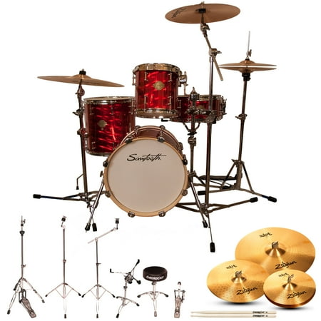 Sawtooth Command Series 4-Piece Drum Set with 16" Bass Drum, Hardware & Zildjian ZBT Cymbals, Red Mirror Metallic ( box 1 of 3)