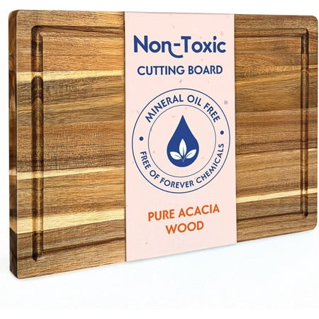 Non Toxic Wood Cutting Board - Conditioned with Natural Beeswax Flaxseed & Lemon Oil Free of Mineral Made FSC Certified Acacia 16" x 11" Thick by