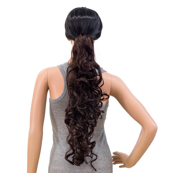 SWACC Extensiones de cola de caballo con clip de rizos desordenados de 24.0 in de largo, clip sintético con cordón rizado, extensiones de pelo con clip de mandíbula (marrón oscuro-4#)