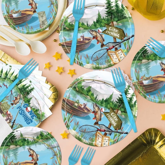 YUYAN-96PCS Gone Fishing Plates and Napkins Party Supplies - Fishing Birthday Party Decorations Fishing Themed Disposable Paper Tableware Set Serves 24 Guests