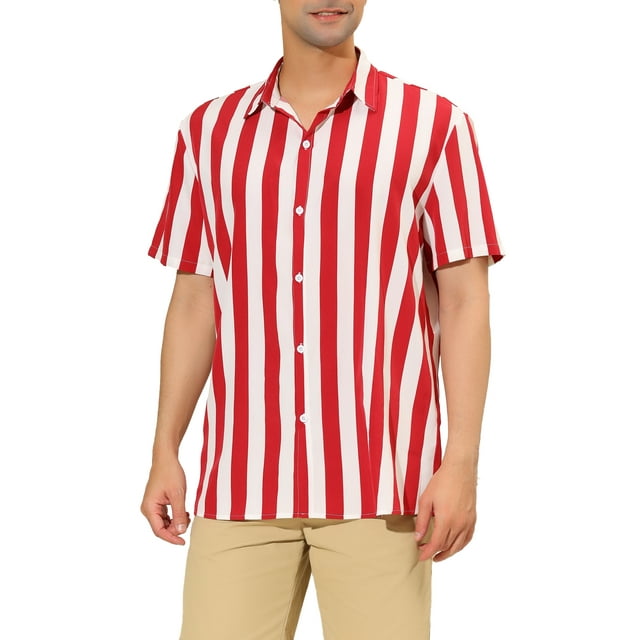 INSPIRE CHIC Mens Stripe Shirt Short Sleeved Color Block Button Down Beach Shirt S Red