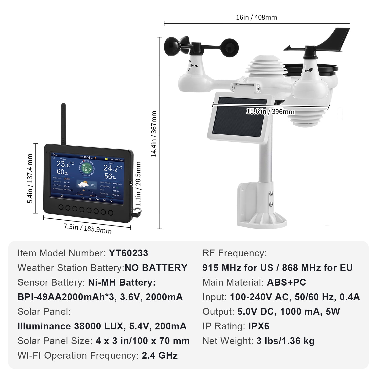 KFFKFF 7 in 1 WiFi Weather Station with Solar Panel, 7 in Color Display for Indoor/Outdoor, TFT Weather Station for Temperature, Humidity, Wind, Rainfall and Forecast