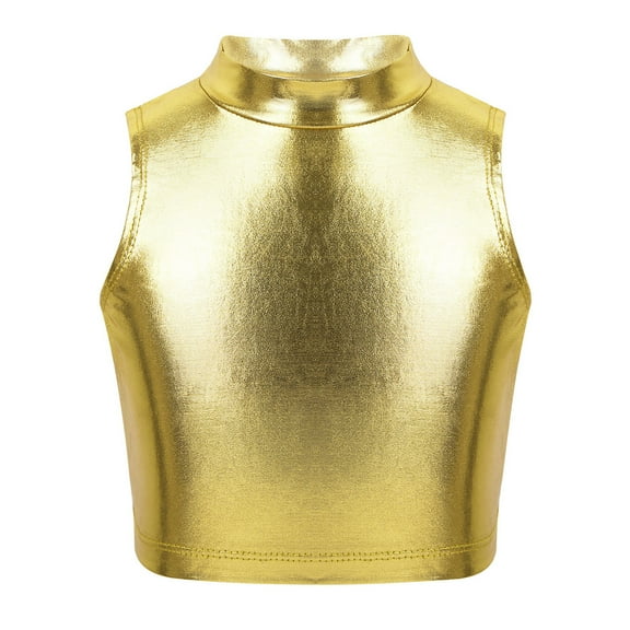 Raenseen Kids Girls' Metallic Mock Neck Crop Tank Tops Ballet Dance Dancewear Athletic Sports Vest Gold 6