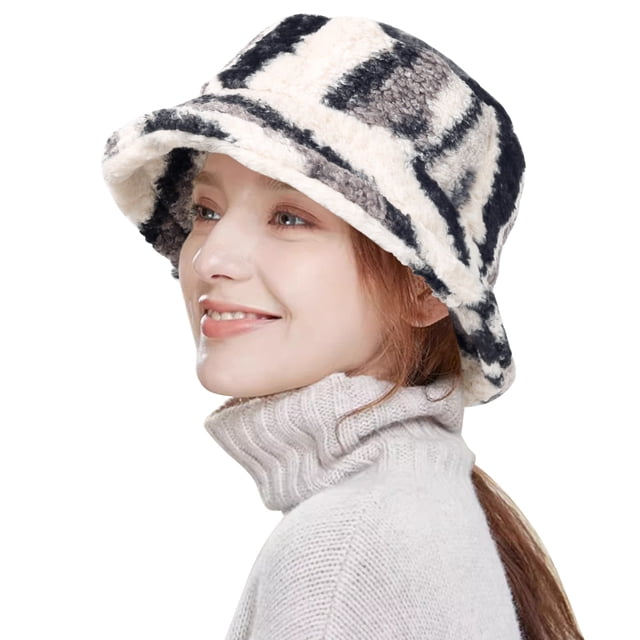 Gorro de pescador de invierno Gorro cálido de felpa de pescador de piel sintética esponjosa Gorro de pescador de felpa lindo para mujer Blanco y negro