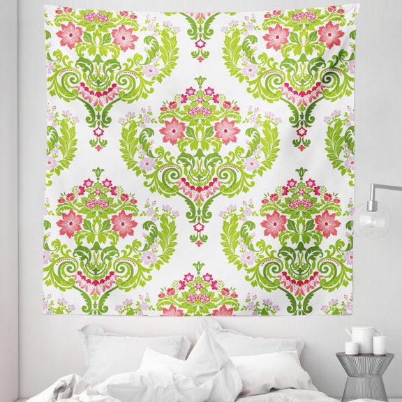 Damask Tapestry, Floral Arrangement Damask Green Foliage Design Print, Fabric Wall Hanging Decor for Bedroom Living Room Dorm, 5 Sizes, Green Coral Pale Mauve, by Ambesonne