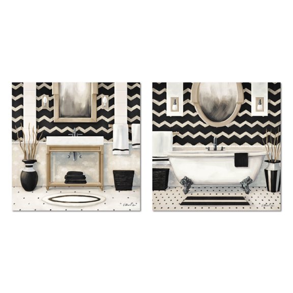 Elegant Black and Cream Chevron Bathroom Mirror, Sink and Clawfoot Bath Set; Two 12x12in Paper Poster Prints