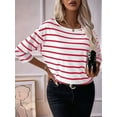 thumbnail image 2 of Womens 3/4 Length Sleeve Tops Striped Boat Neck Shirt Frenchy Cotton Tees Red M, 2 of 6