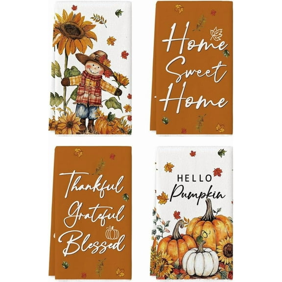 SM-XLHN Scarecrow Pumpkin Fall Kitchen Towels Dish Towels, 18x26 Inch Farmhouse Sunflower Thanksgiving Decoration Hand Towels Set of 4