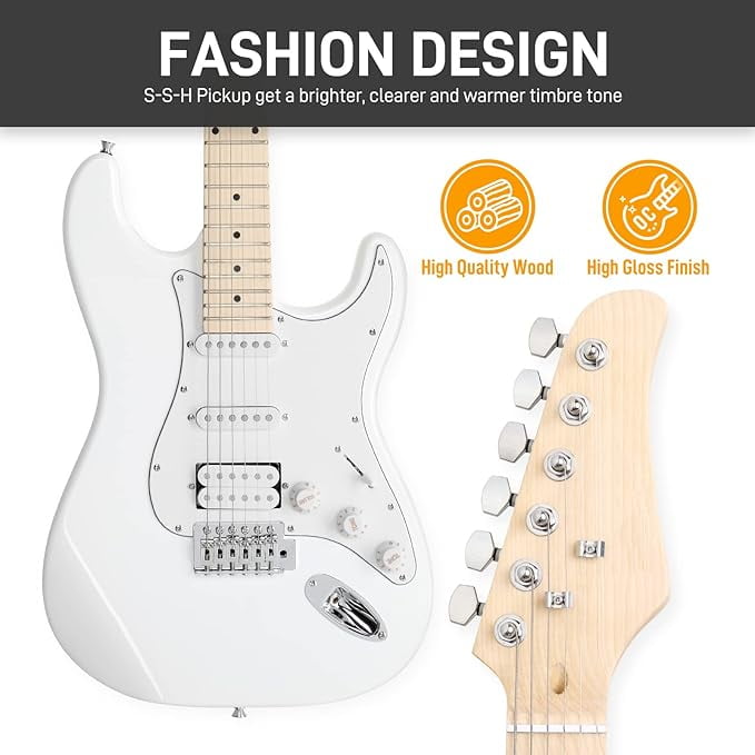 HarmonyStrings 39 Inch Rosewood Fingerboard Electric Guitar,Electric Guitar Beginner Kit Solid Body Full Size Pick Up for Starter, with Bag, Picks, Capo, Strap, Cord,Allen Wrench, Tremolo Arm White