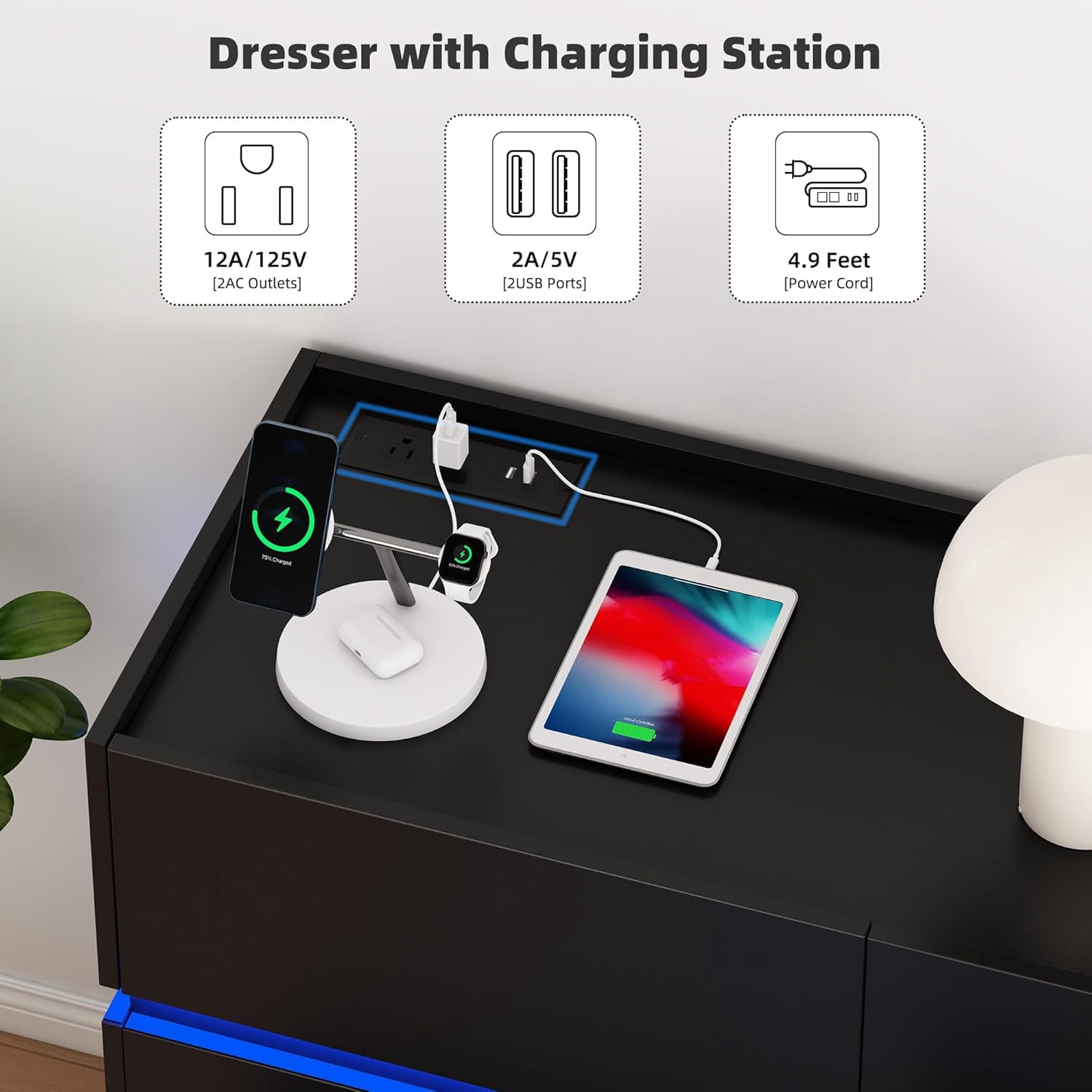 HAUXITIO 6 Drawer Dresser Chest with Charging Station and LED Lights for Bedroom, Modern TV Stand Cabinet, Black