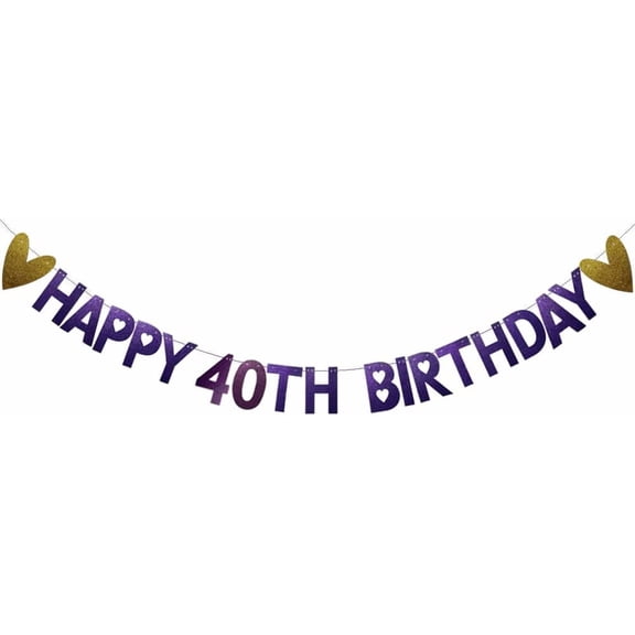 Happy 40th Birthday Banner, Pre-Strung, Purple Glitter Paper Garlands Banner for 40th Birthday Party Decorations Supplies, Letters Purple,