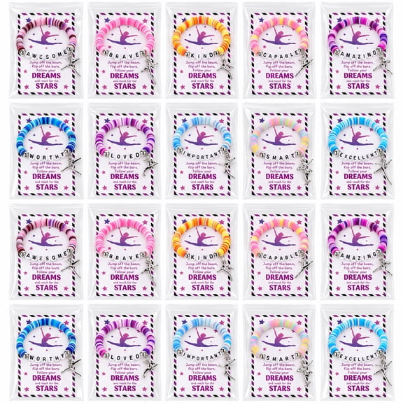 20 Pcs Gymnastics Themed Bracelets with Inspirational Cards, Adjustable Acrylic Beaded Bracelets for Party Favors, Sports Team Gifts, Neon Color Charm Bracelets for Gymnastics Meet Birthday Events