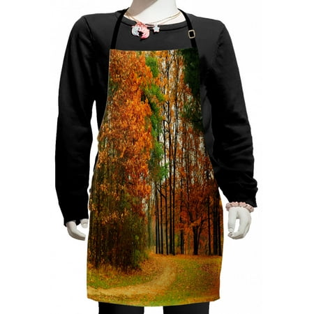 

Fall Kids Apron Cloudy Overcast Day in September Shrubs Pines Sidewalk in the Park Forest Boys Girls Apron Bib with Adjustable Ties for Cooking Baking Painting Orange Green Brown by Ambesonne