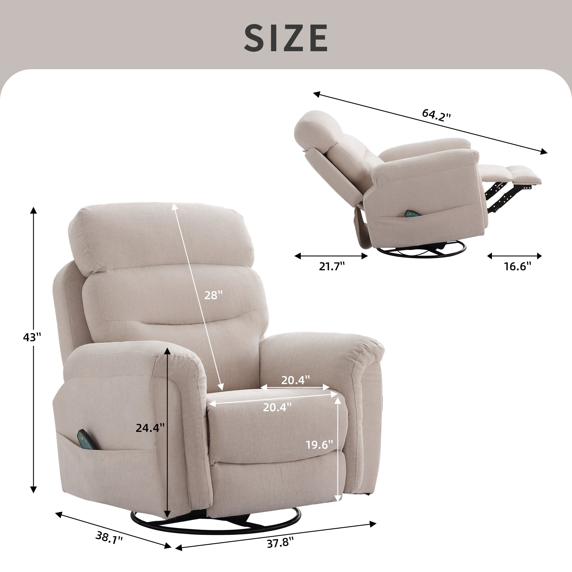 JONPONY Massage Rocker Recliner Chair with Vibration Massage and Heat for Living Room Swivel Recliner Chair with Rocking Function, Side Pocket, USB Charge Port, Beige