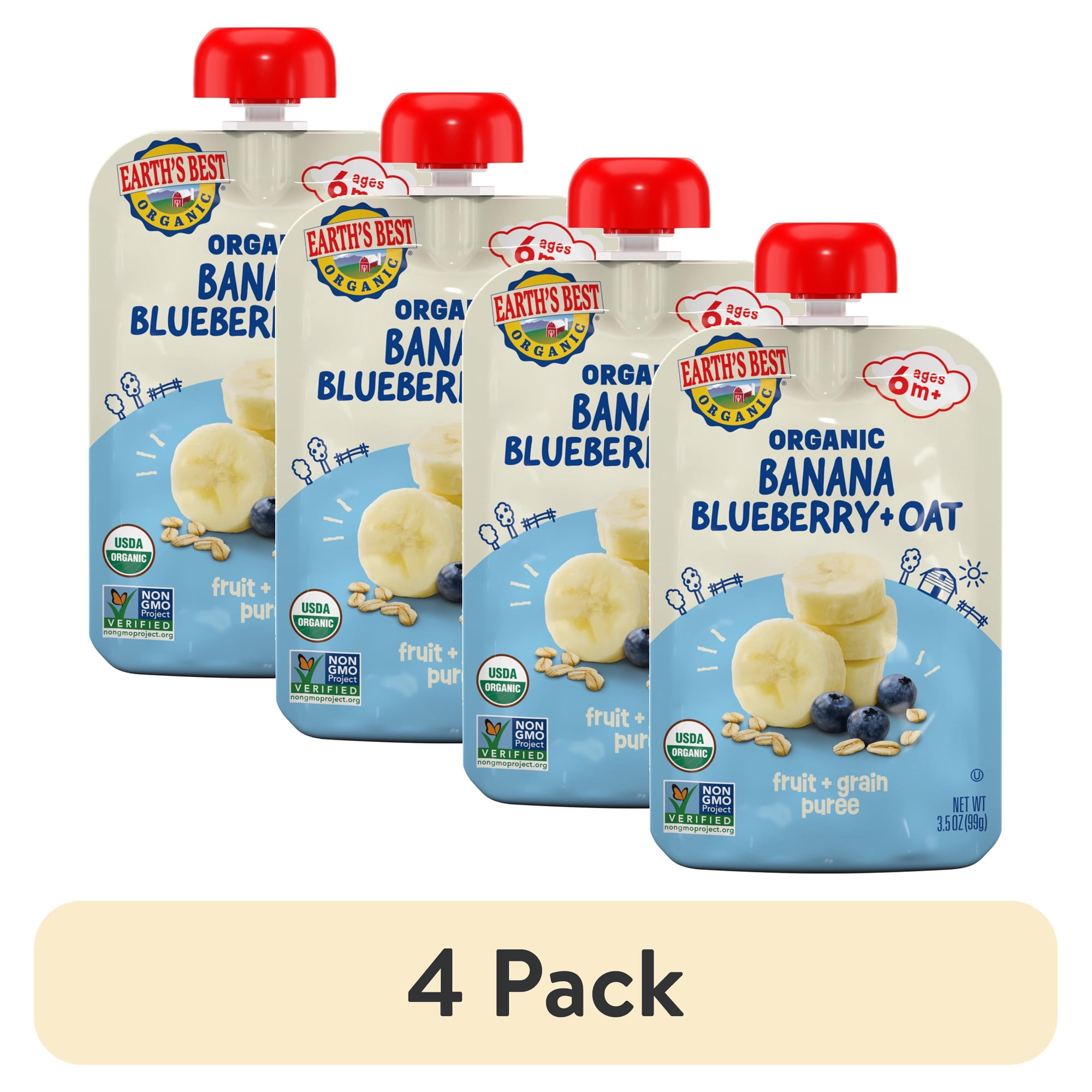 (4 pack) Earth's Best Organic Stage 2 Baby Food, Banana Blueberry Oat Fruit & Grain Puree, 3.5 oz Pouch