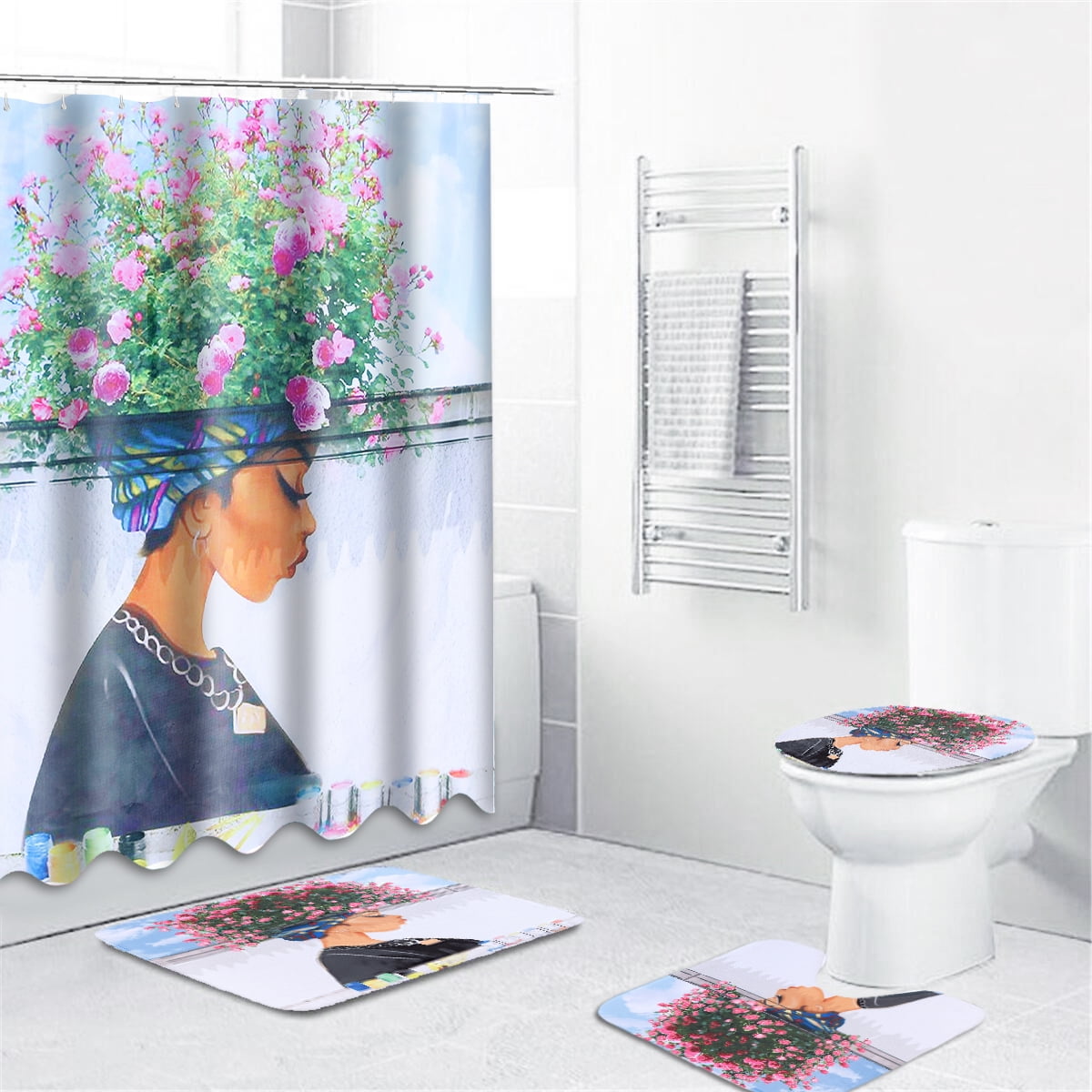 1/3/4 pcs African Girl Shower Curtain Bath Rugs Toilet Seat Cover Bathroom Set 