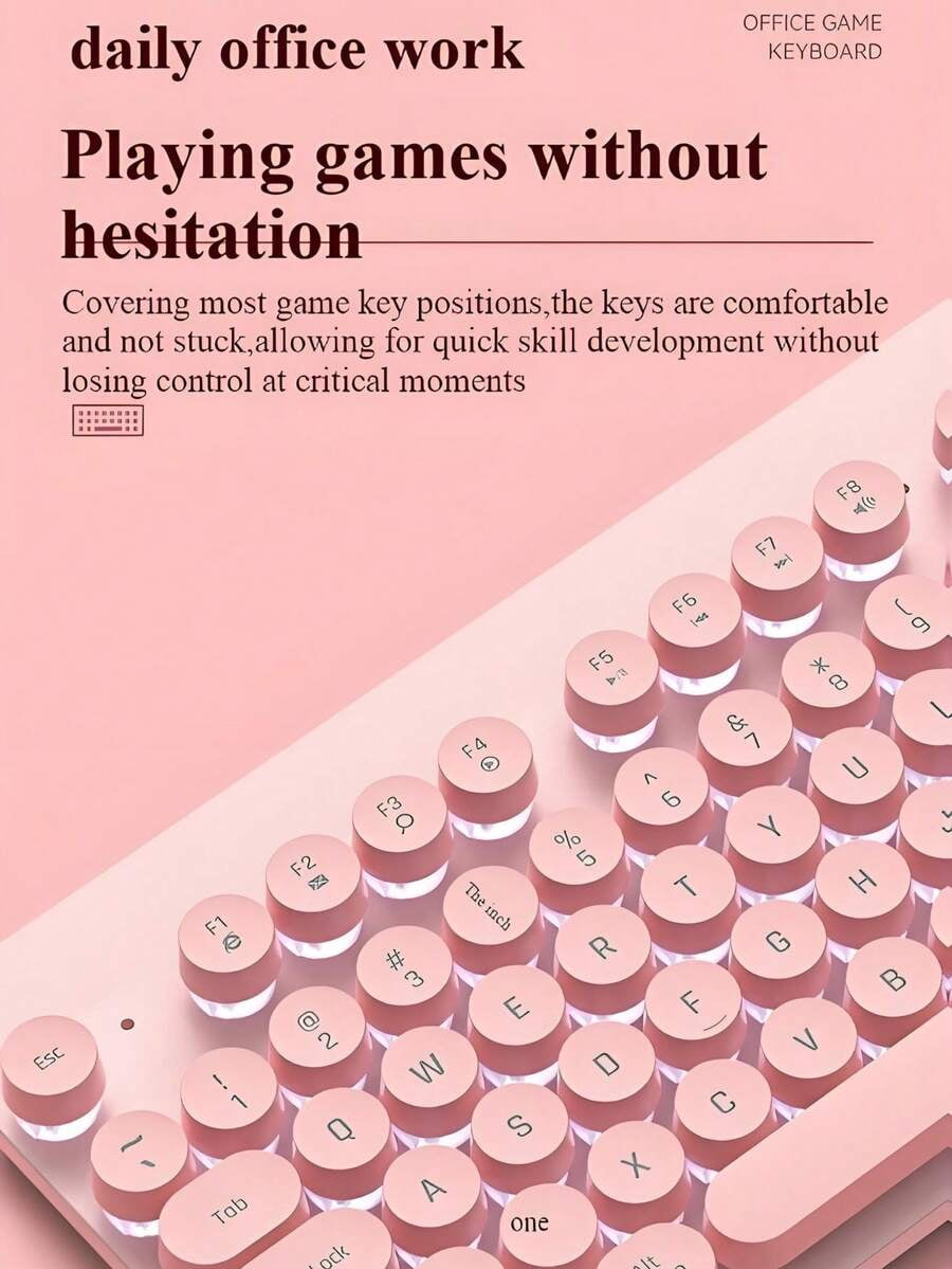 Cute Pink Retro Round Keycap Wired Keyboard, Backlit Gaming Office Keyboard For PC Laptop /Windows