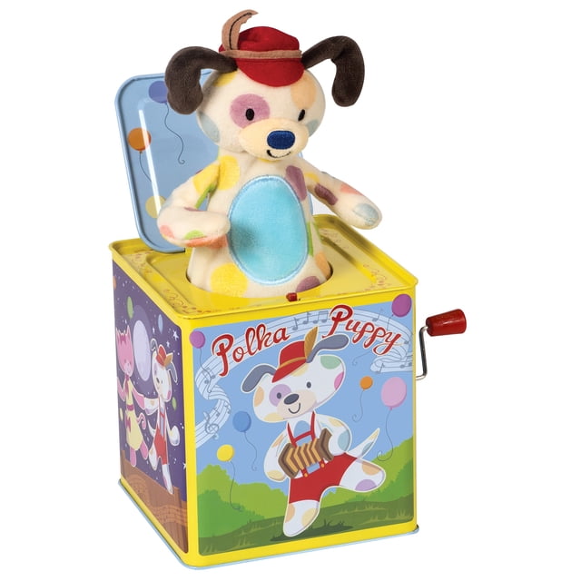 juguete musical clásico jack in the box schylling polka puppy Caja de lata decorada con ilustración 'Polka Puppy' y manivela lateral; cachorro de peluche multicolor sale y baila al girar la manivela mientras suena «Pop Goes the Weasel», base 5.5 pulg. cuadradas, 10 pulg. alto con la marioneta fuera, recomendado 18 meses+; también suele usarse como juguete de interacción sensorial para acompañar juego de imitación.