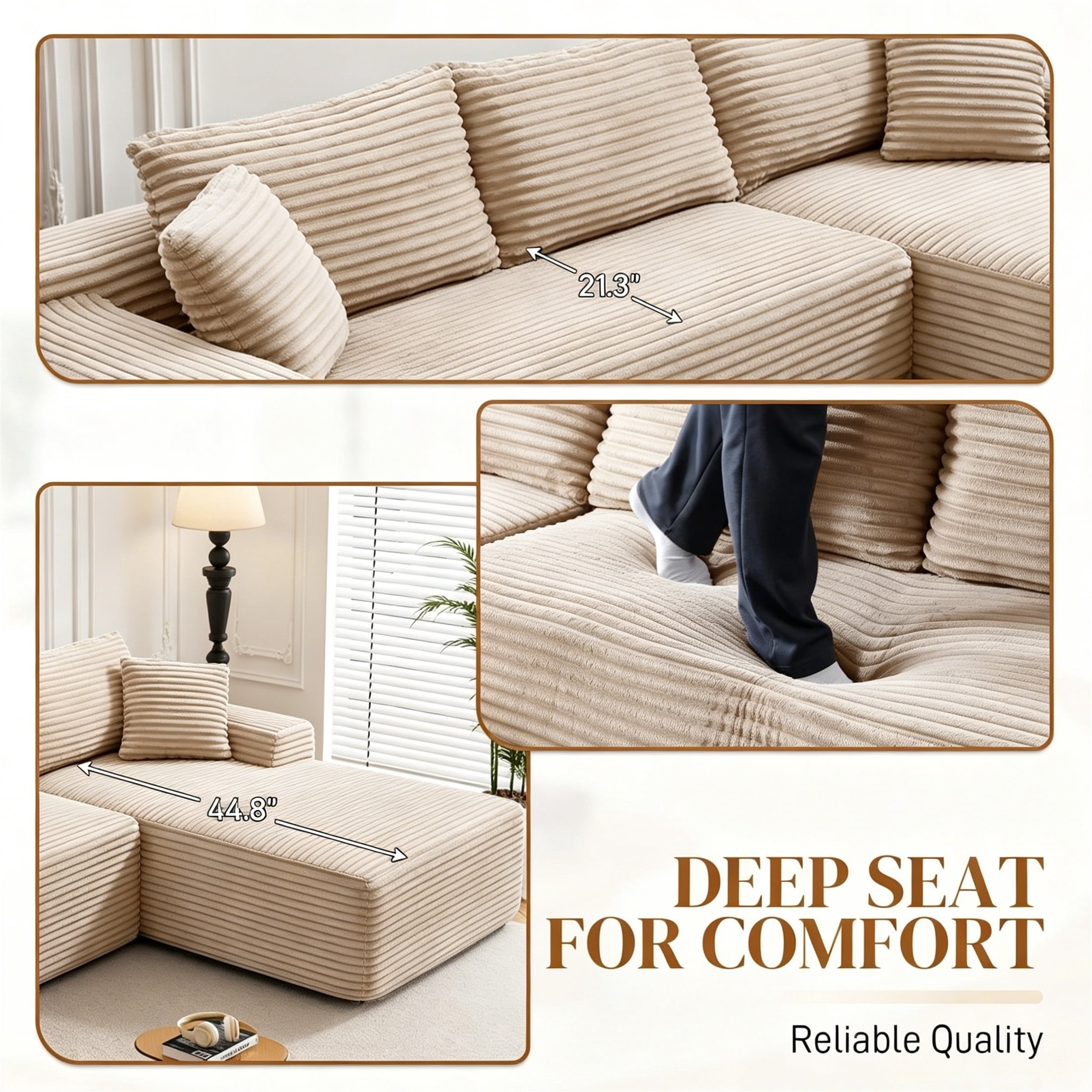 Aukfa 96" Cloud Sectional Sofa Deep Seat Boneless Couch Modular L-Shaped Couch, Left Chaise Corduroy Sofa for Living Room, Camel