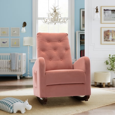 CLEARANCE! Baby Room High Back Rocking Chair Nursery Chair   Comfortable Rocker Fabric Padded Seat  Modern High Back Armchair