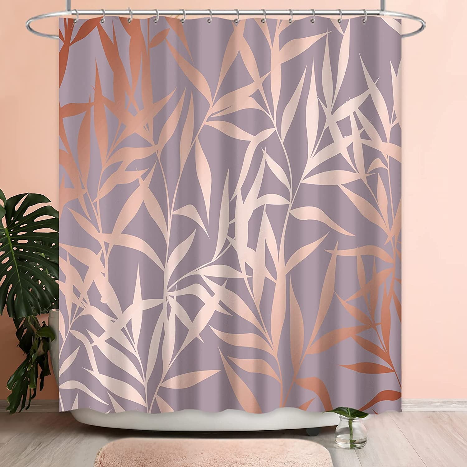 Rose Gold Shower Curtain Pink Tropical Palm Leaves on Purple Background