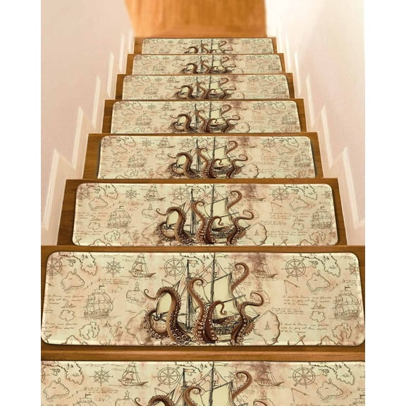 Vintage Octopus Stair Treads for Wooden Steps Indoor Runner Rug Carpet, Beige Nautical Coastal Retro 7 Pieces Peel and Stick Staircase Step Treads Covers Washable Throw Door Mats, 30"x8"