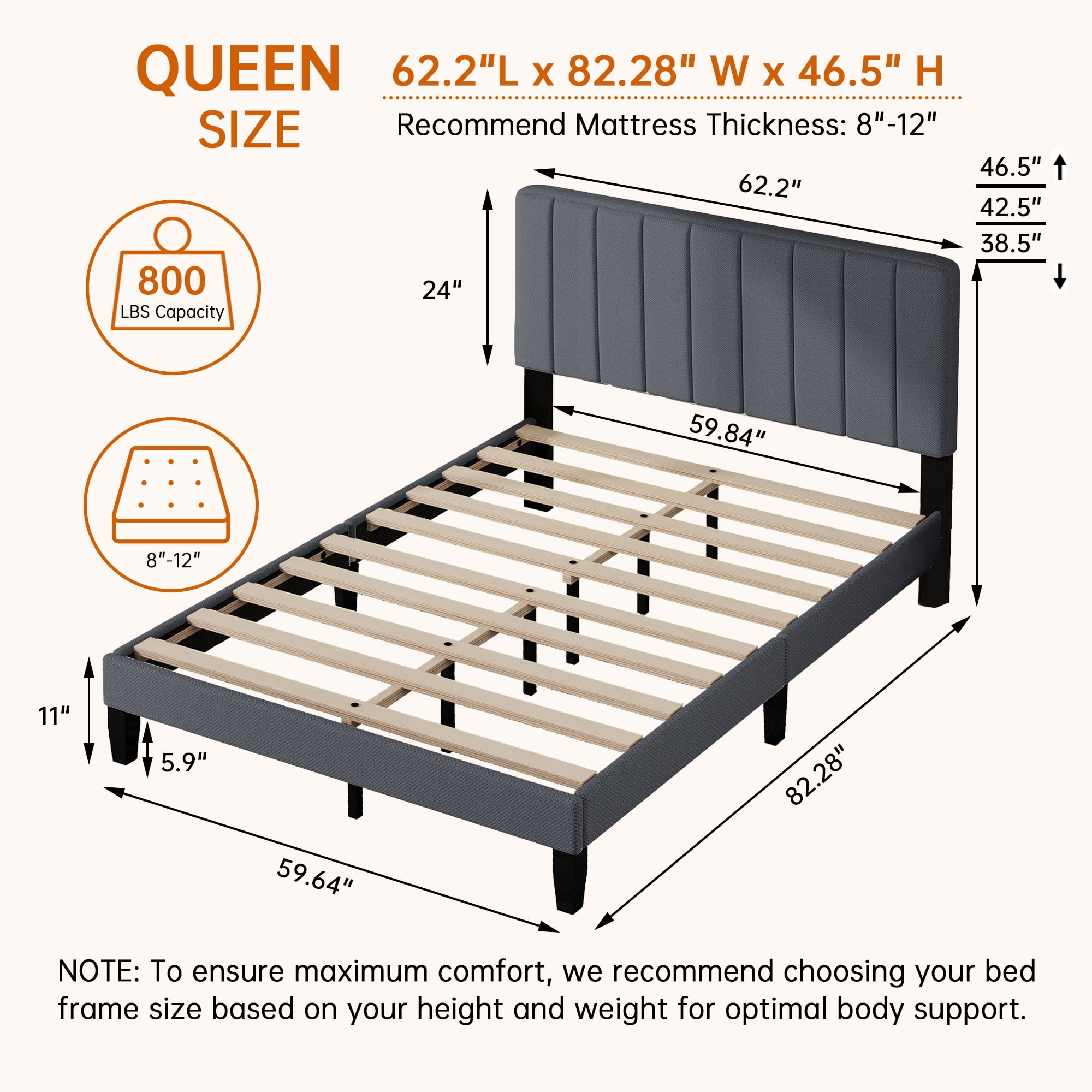 Pingliang Home Queen Size Bed Frame with Adjustable Upholstered Headboard&Wood Slats Support,Gray