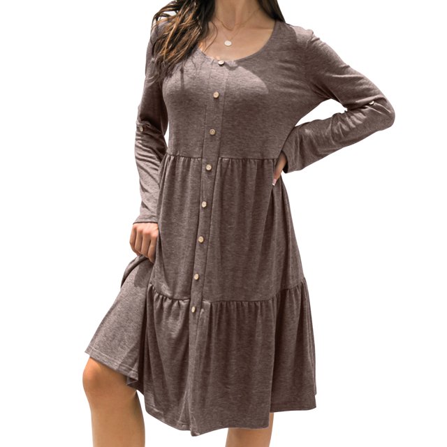 Vestido de Manga Larga Cuello Redondo Dobladillo Suelto Un Solo Pecho Fibra de Poliéster Vestido de Color Puro Vestido Casual de Mujer para la Vida Diaria Café L