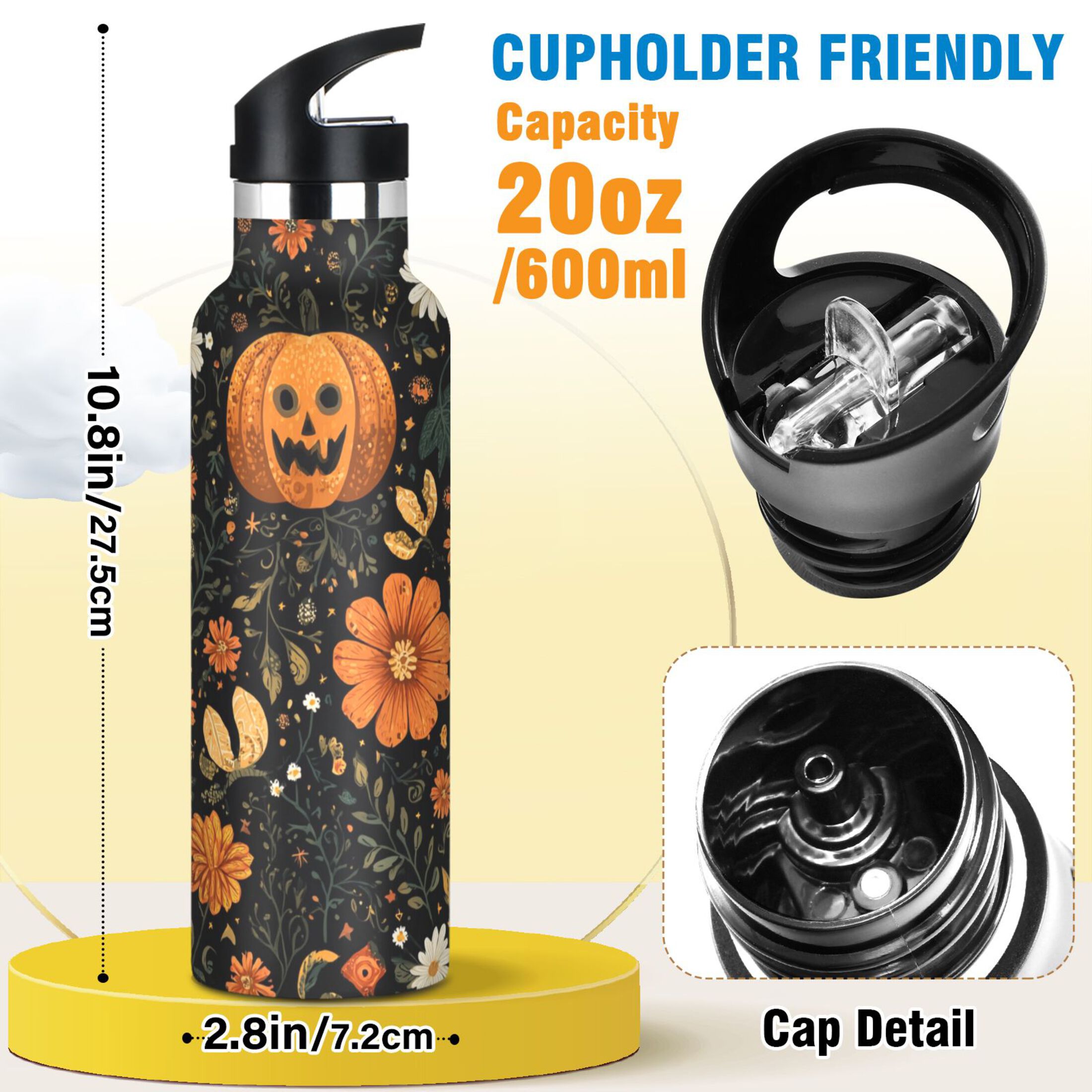 600ML Stainless Steel Insulated Cup Sports Water Bottle Portable Thermos Cup Water Glasses Insulated Tumblers Convenient and Durable Cute Halloween Pattern